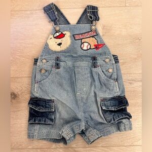 Vintage Y2K Baby Headquarters Baseball Denim Overalls Romper 6-9M